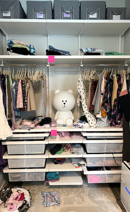 closet BEFORE organized with sad teddy bear in the middle