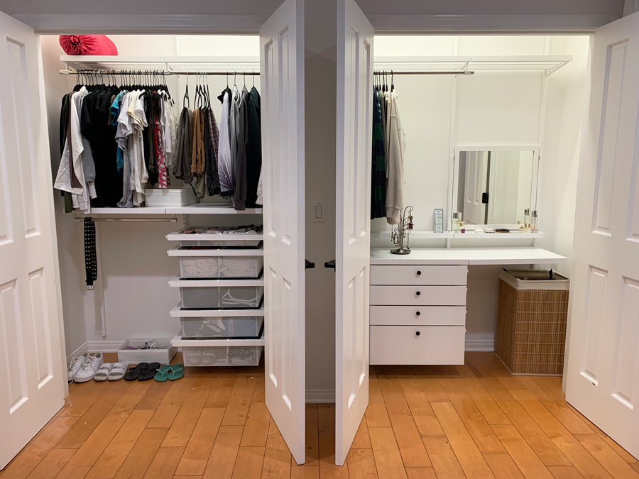 Expanded dual closet after redesign with clothes storage on the left and vanity and drawers on the right