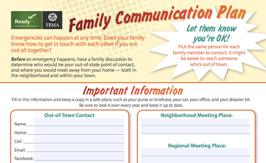 FEMA Family Communications Plan template for you to download and fill out