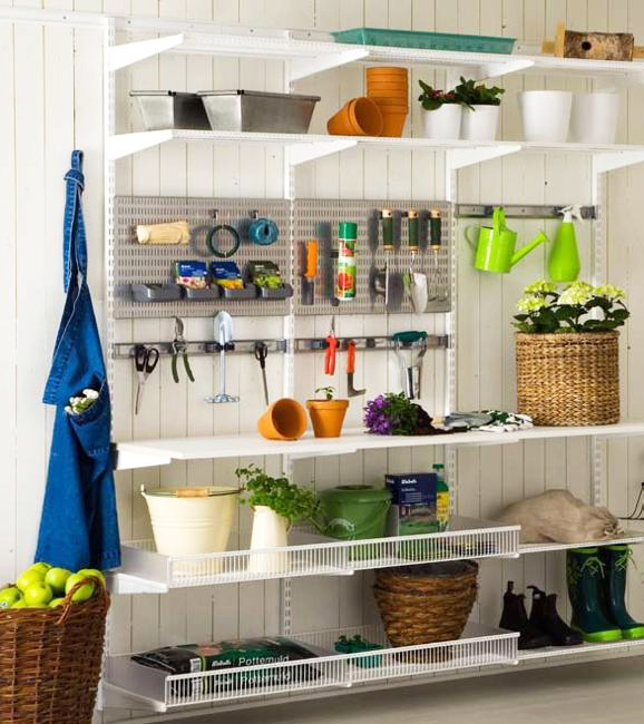 Garden storage organization system with a variety of shelves