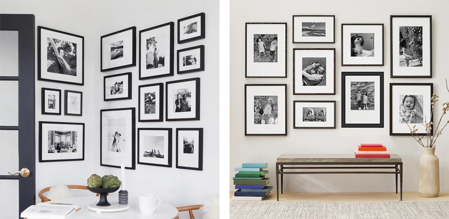 Two Family photo gallery walls using black and white photos