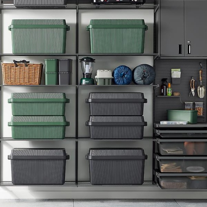 Garage Organizing with The Container Store like-it stackable fluted closed storage organizer bins