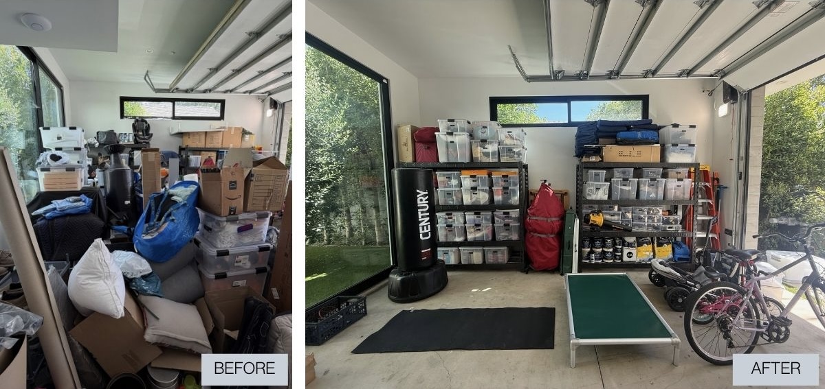 dramatic before and after of an organized garage