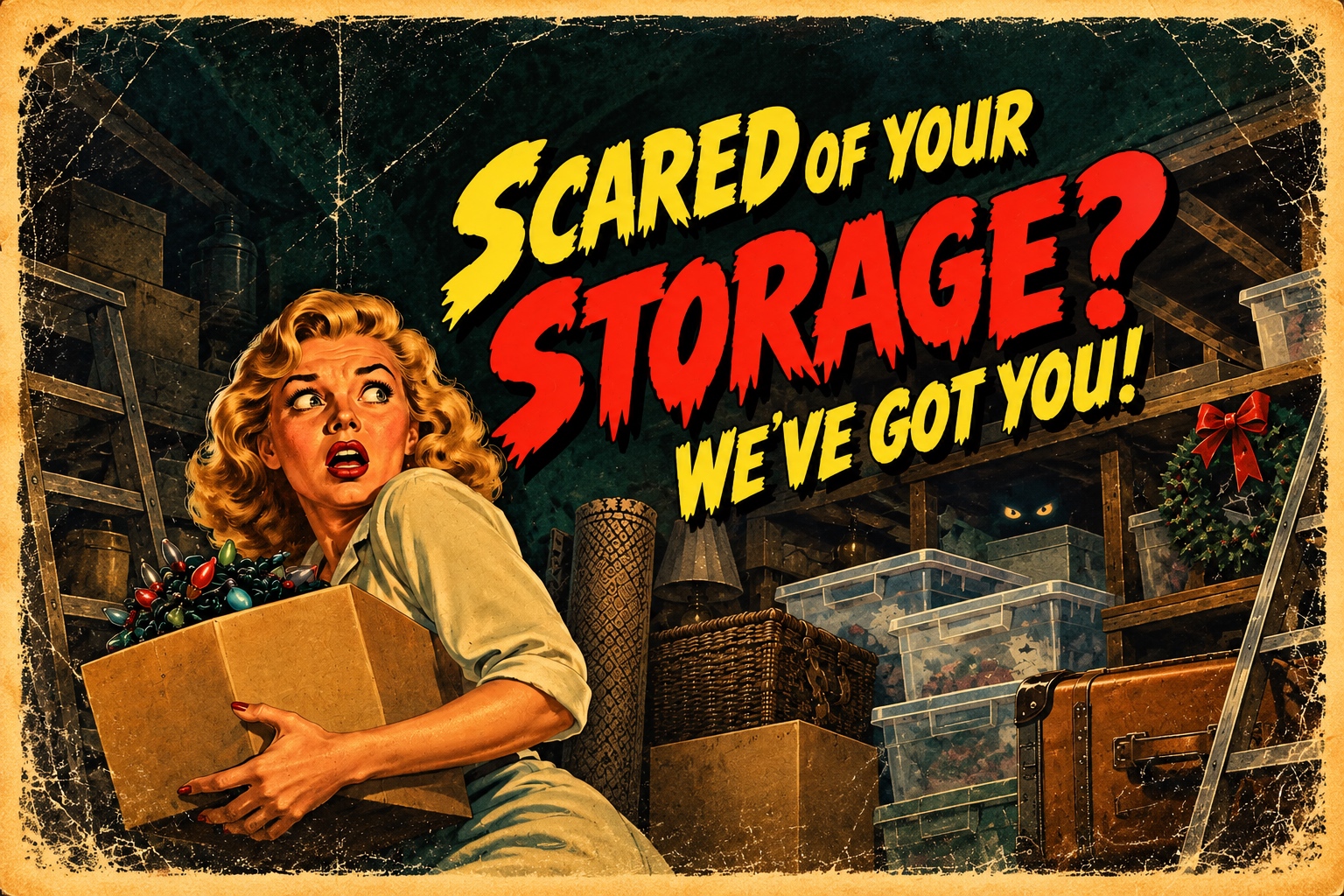 1950's style horror poster of woman scared of her storage space