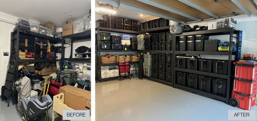 organized garage before and after